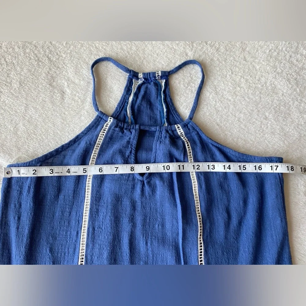 SAGE the Label Blue Halter Mini Dress White Ric Rac Trim Keyhole Neck Small - Picture 9 of 12